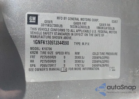 2007 Chevrolet Tahoe Lt z USA, uszkodzony, nr VIN 1GNFK13097J344590